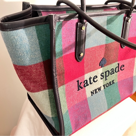 Kate Spade Ella Tote Pink & Green Handbag with Structured Design in Pretty Plaid - Picture 3 of 11